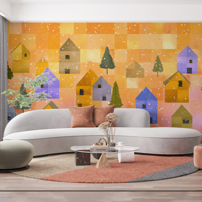 Papier peint mural du village de patchwork doré | Or, bleu et vert