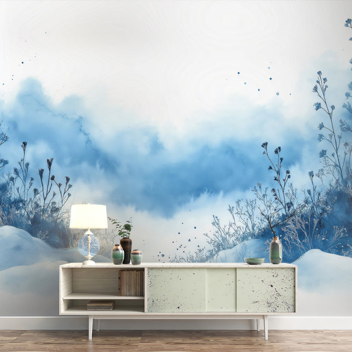 Winter Blues Watercolor Mural Wallpaper | Blue and White