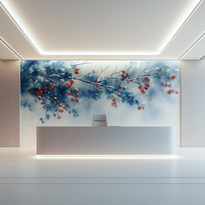 Modern interior with a decorative wall art of branches and flowers.