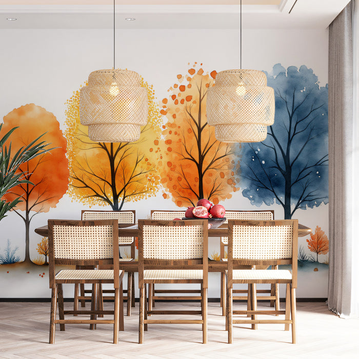 Watercolor Autumn Treeline Mural Wallpaper | Orange, Yellow, and Blue