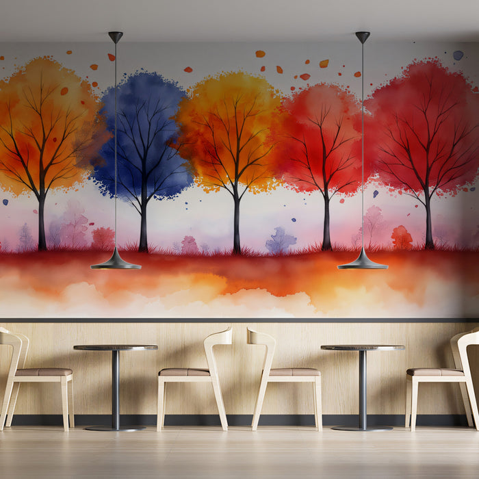 Vibrant Autumn Watercolor Mural Wallpaper | Orange, Blue, and Red