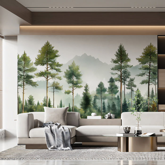 Alpine Pine Forest Mural Wallpaper | Green and Gold