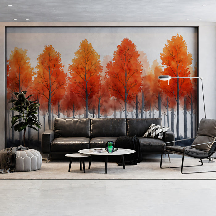 Papel pintado mural de bosque otoñal ardiente | Naranja y rojo