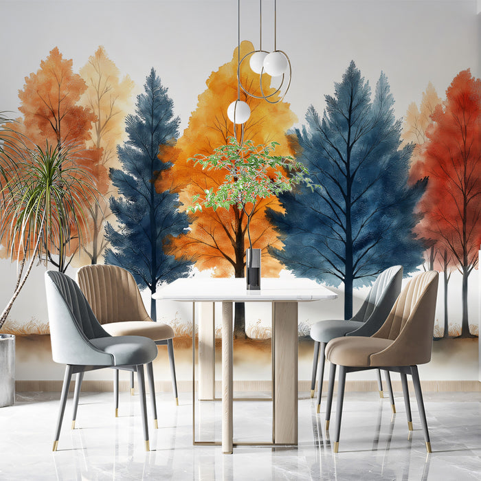 Papier peint mural Four Seasons Treeline | Orange, Bleu et Rouge