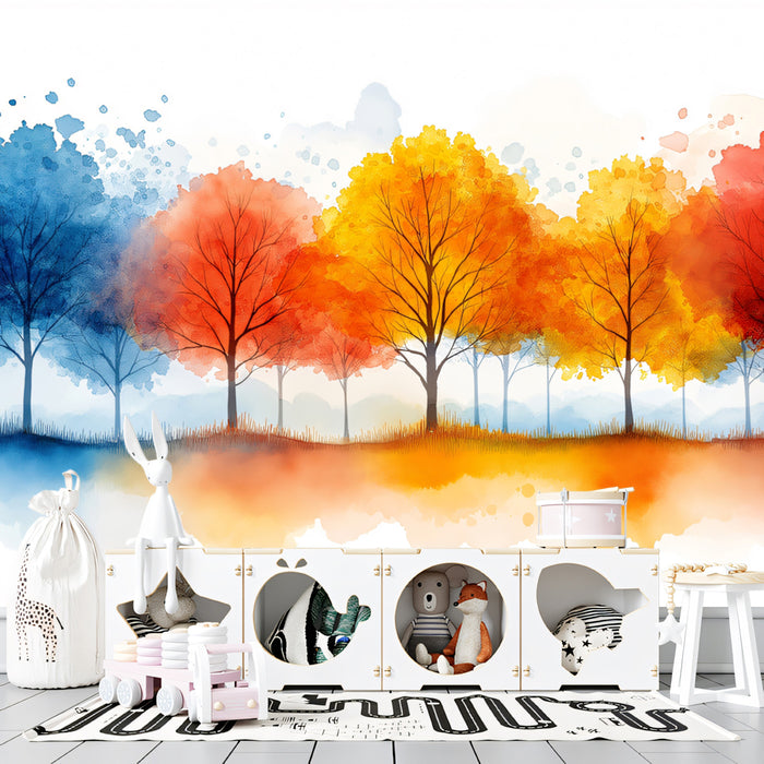 Autumn Reflections Mural Wallpaper | Blue, Orange, and Red