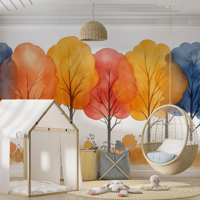 Watercolor Grove Mural Wallpaper | Orange, Red, and Blue