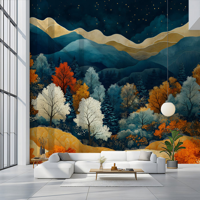 Papel pintado mural del Valle de la Montaña Dorada | Naranja, azul y dorado
