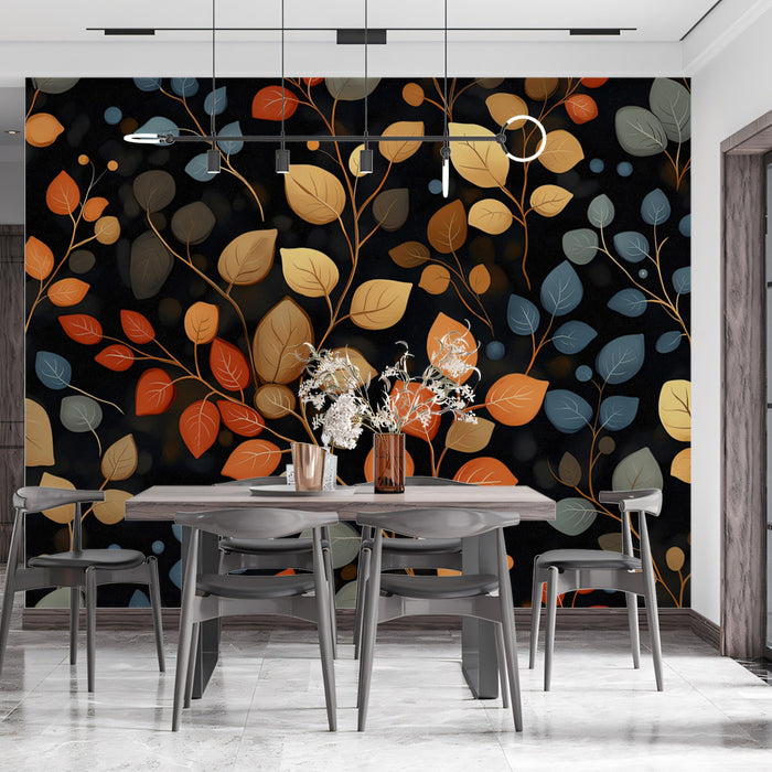 Wandmalerei mit schwebendem Herbstlaubmuster | Orange, Gold und Blau