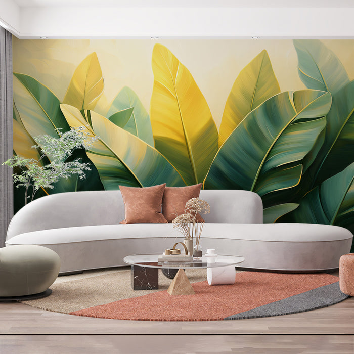 Papier peint mural à feuilles de banane moderne | Vert, jaune et blanc