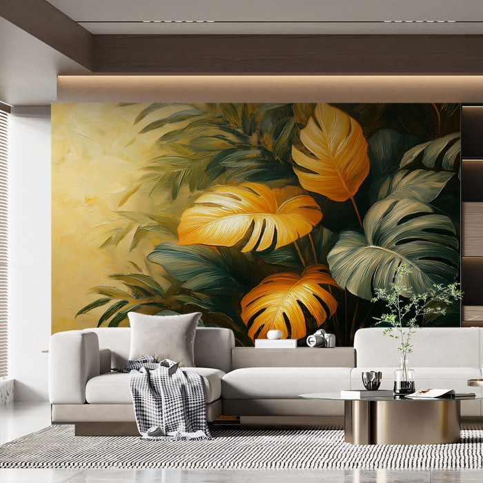 Papier peint mural Golden Monstera | Or, vert et jaune