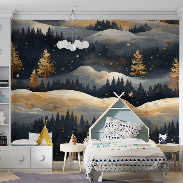 Papel pintado con mural de un pueblo invernal dorado | Dorado, azul y blanco