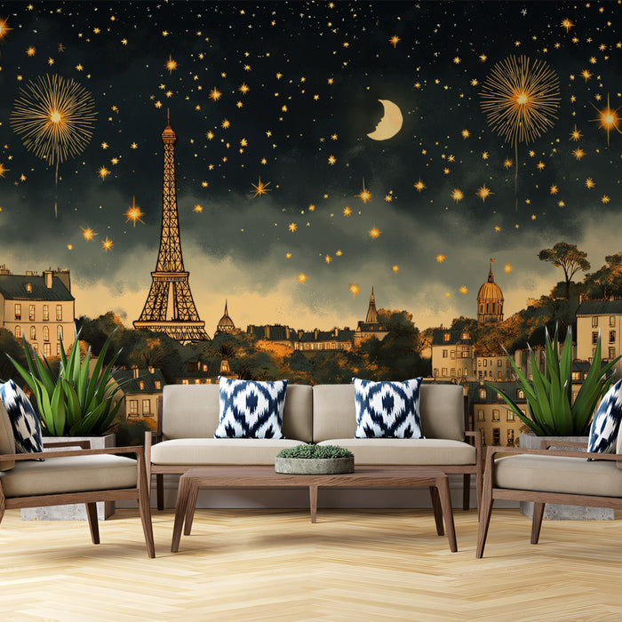 Papier peint mural Starlight over Paris | Or, Bleu et Orange