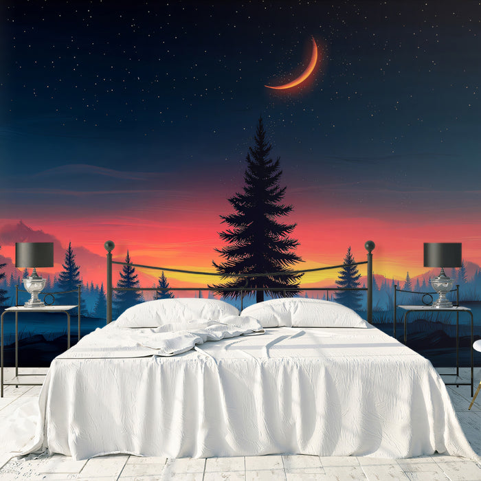 Crimson Pine Forest Mural Wallpaper | Red, Orange, and Black