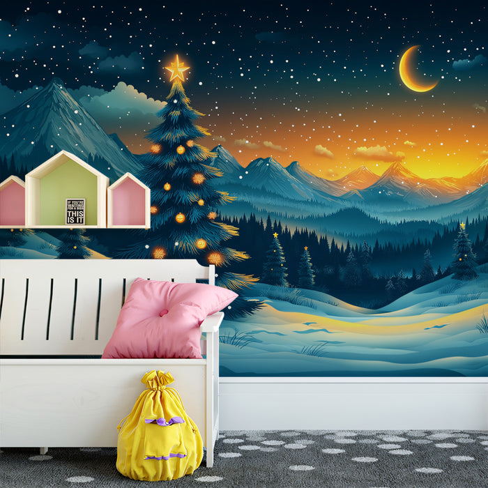 Christmas in the Valley Mural Wallpaper | Blue, Orange, and Gold