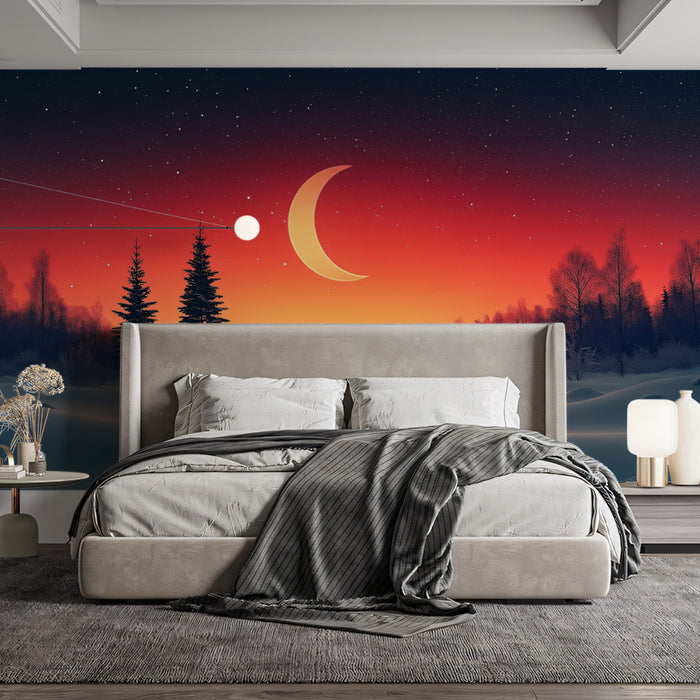 Crimson Winter Moon Mural Wallpaper | Red, Orange, and Black