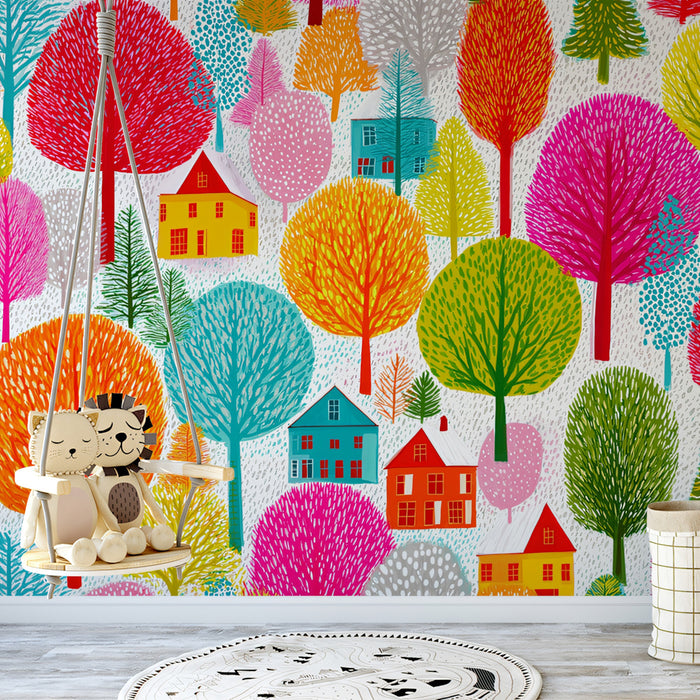 Candy-Colored Forest Village Mural Wallpaper | Pink, Orange, and Blue