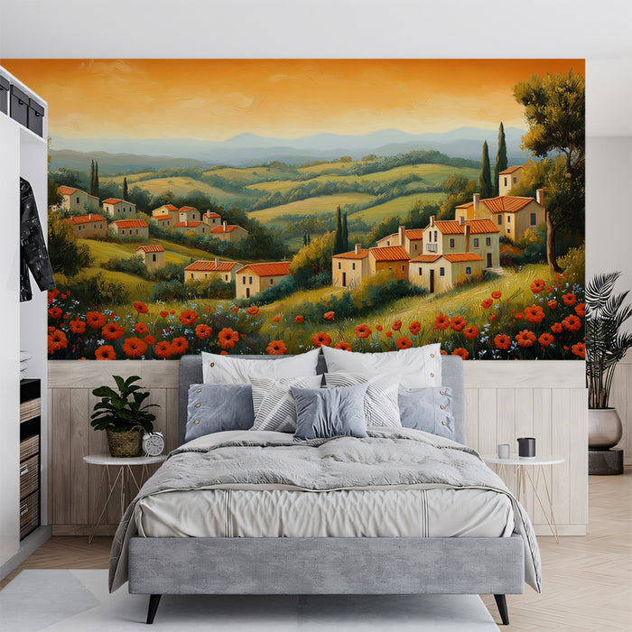 Tuscan Poppy Fields Mural Wallpaper | Orange, Red, and Green