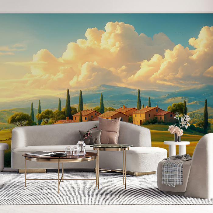 Bajo el cielo de la Toscana Papel tapiz mural | Oro, verde y azul