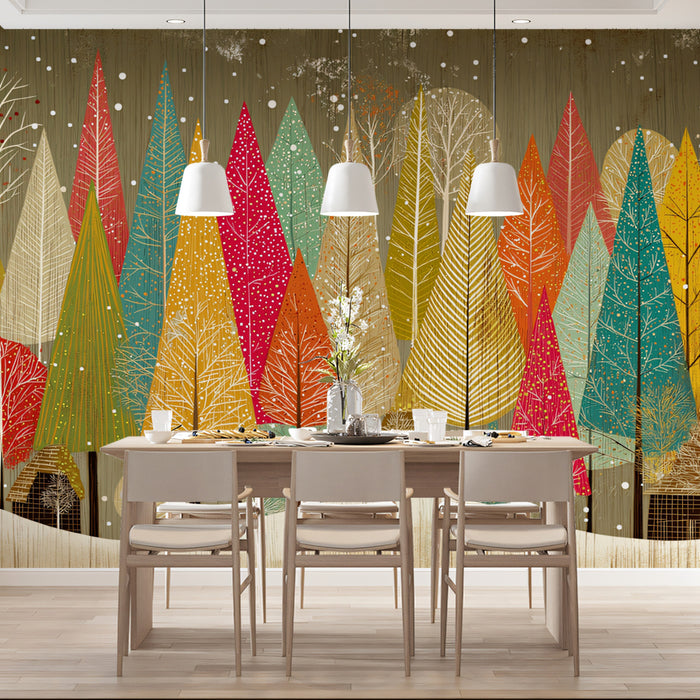 Mid-Century Holiday Forest Mural Wallpaper | Teal, Red, and Gold