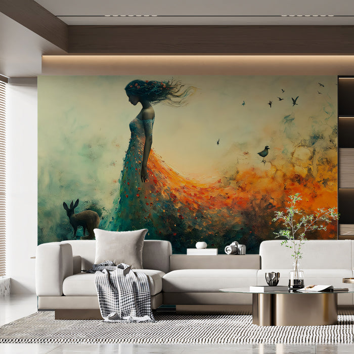 Mother Nature's Gown Mural Wallpaper | Orange, Teal, and Gold