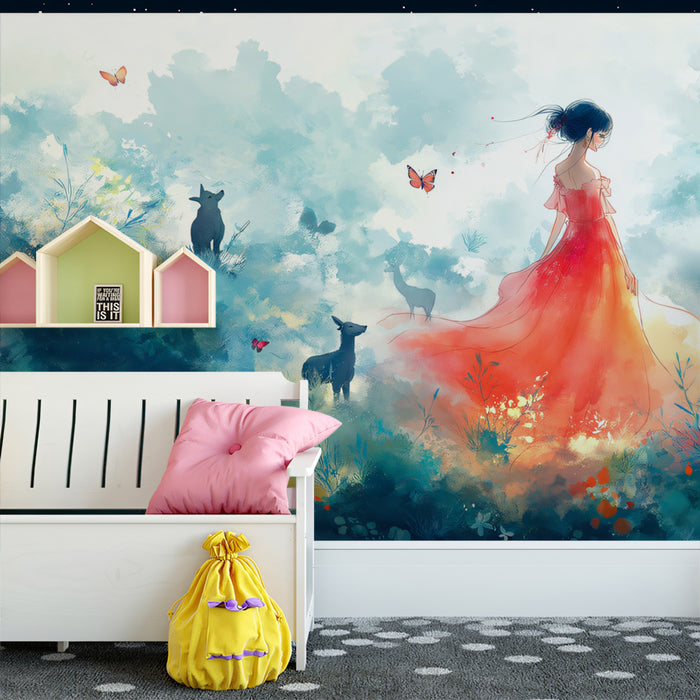 Papel Tapiz Mural La Dama de Rojo | Rojo, Turquesa y Naranja