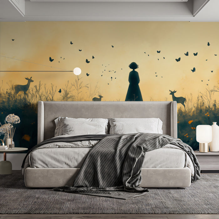 Papel tapiz mural de silueta en la hora dorada | Oro y azul marino