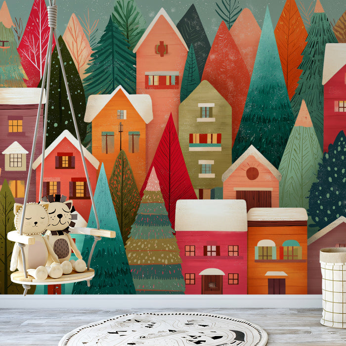 Cozy Winter Village Mural Wallpaper | Red, Green, and Orange