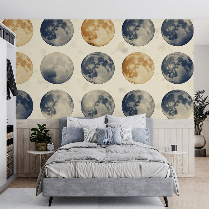 Checkered Moon Pattern Mural Wallpaper | Blue, Orange, and Cream