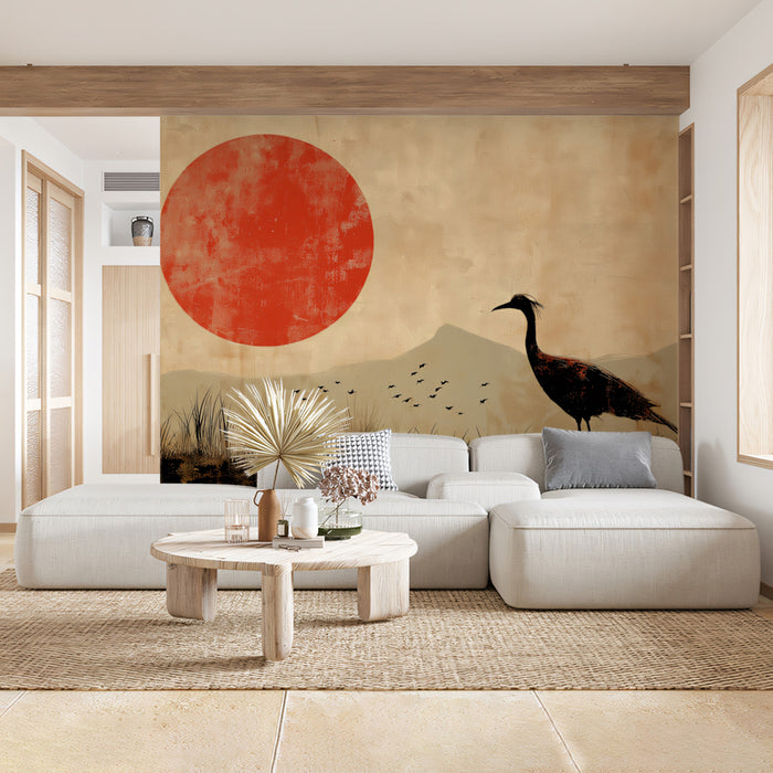Fond d'écran mural Grue Rouge au Soleil | Rouge, Noir et Beige