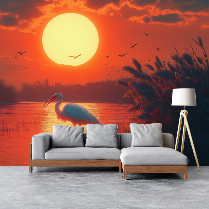 Crimson Sunset Egret Mural Wallpaper | Red and Orange