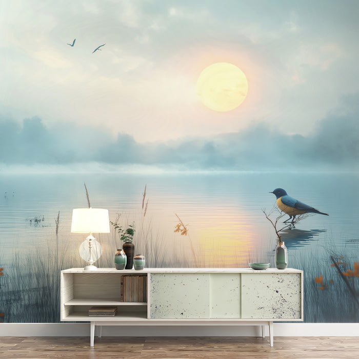 Misty Lake Morning Mural Wallpaper | Azul, Gris y Amarillo
