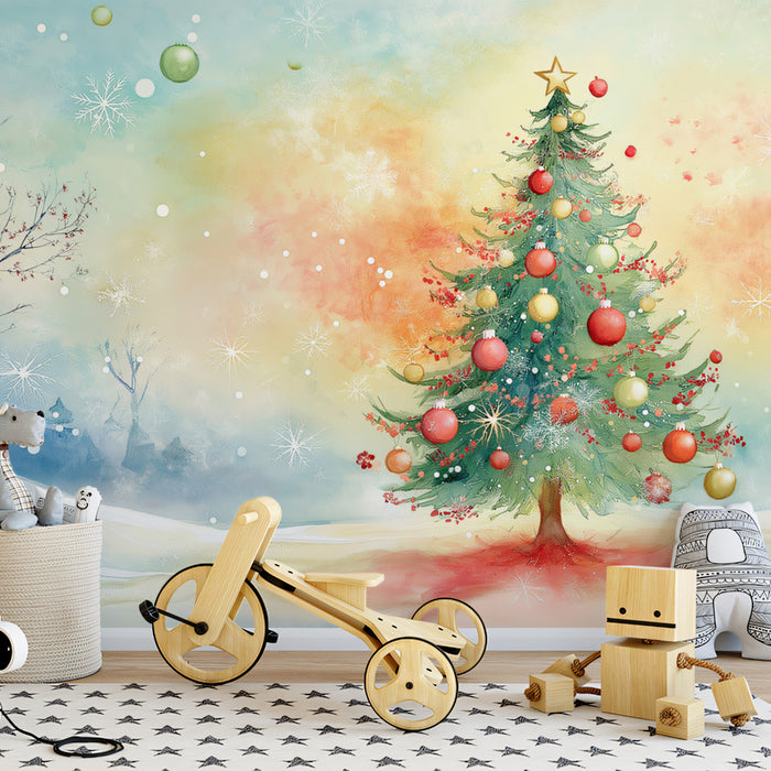 Carta da parati murale Watercolor Winter Dream | Pastello, rosso e verde