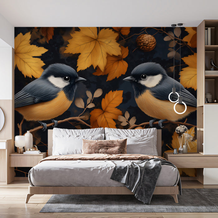 Autumn Aviary Mural Wallpaper | Gold, Brown, and Charcoal