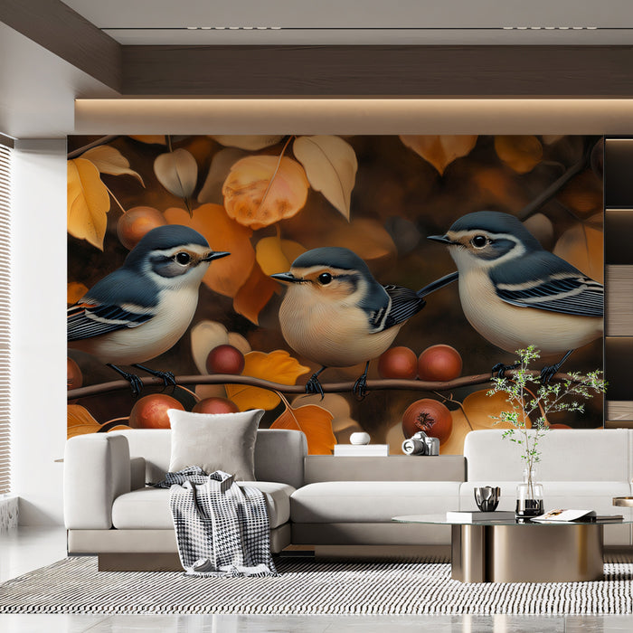 Autumn Friends Mural Wallpaper | Soft Blue, Beige, and Gold