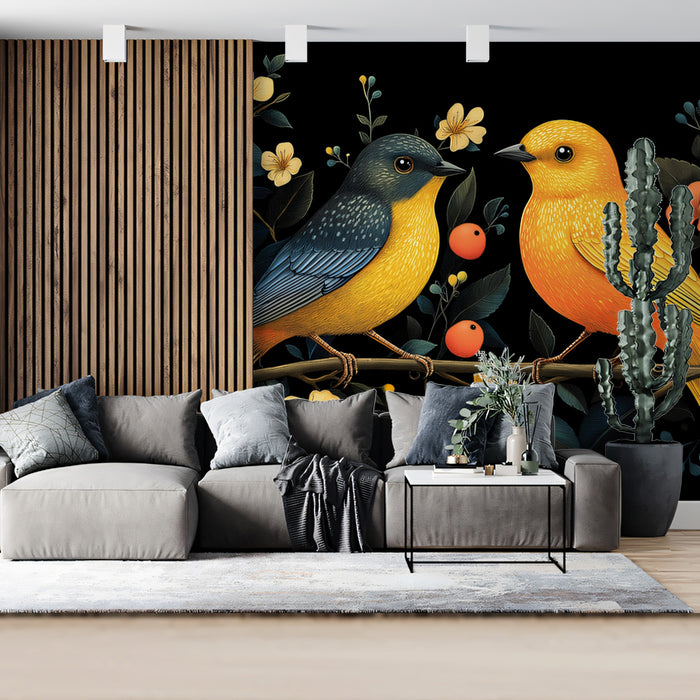Carta da parati murale "Violent Aviary" | Blu, giallo e nero