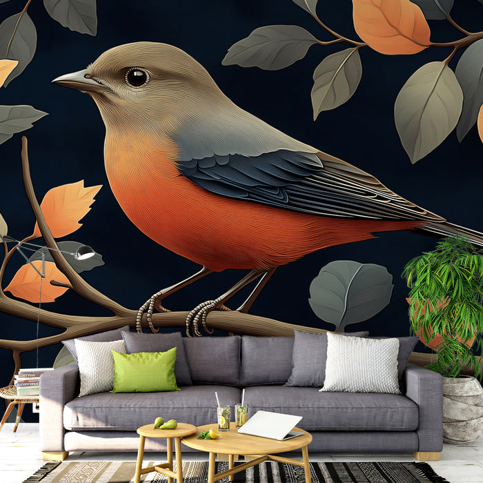 Autumn Finch Mural Wallpaper | Terracotta, Slate Gray, and Navy
