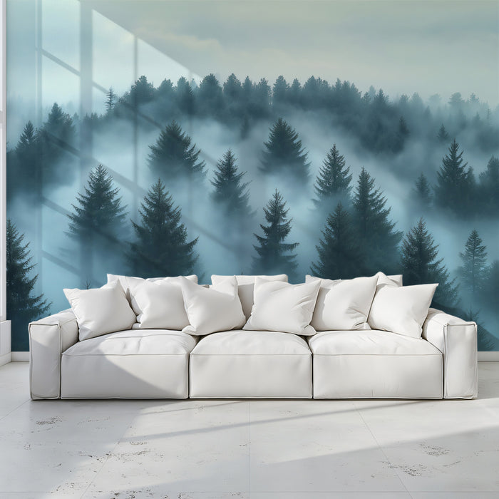 Papier peint mural Forêt Silencieuse | Bleu ardoise, Gris et Bleu-vert sourd