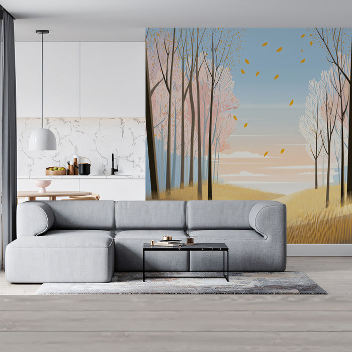 Autumn Breeze Mural Wallpaper | Sky Blue, Blush, and Gold