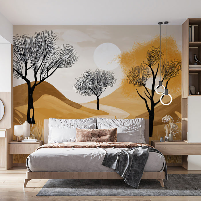 Golden Hills Pathway Mural Wallpaper | Ochre, Beige, and Black