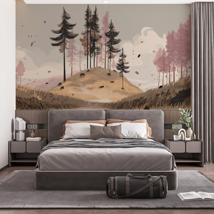Mural Windswept Knoll | Rosa apagado, gris topo y carbón
