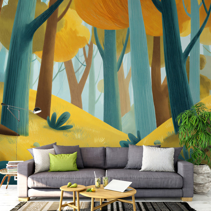 Teal & Ochre Woods Mural Wallpaper | Ochre, Teal, and Burnt Orange