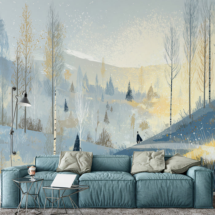 Mural de papel pintado "El viaje invernal" | Azul hielo, dorado pálido y carbón