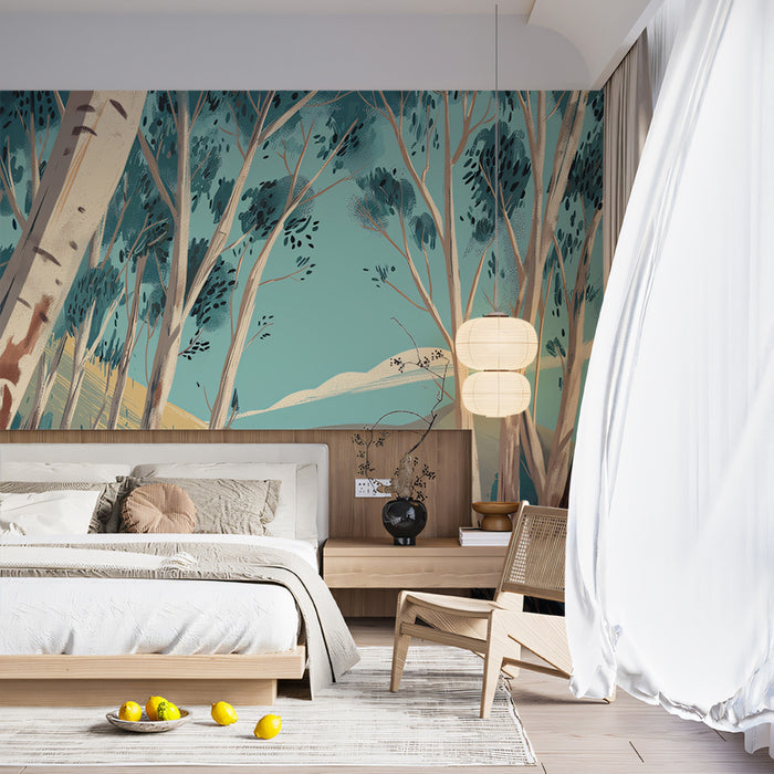 Sunlit Birch Grove Mural Wallpaper | Teal, Cream, and Gold