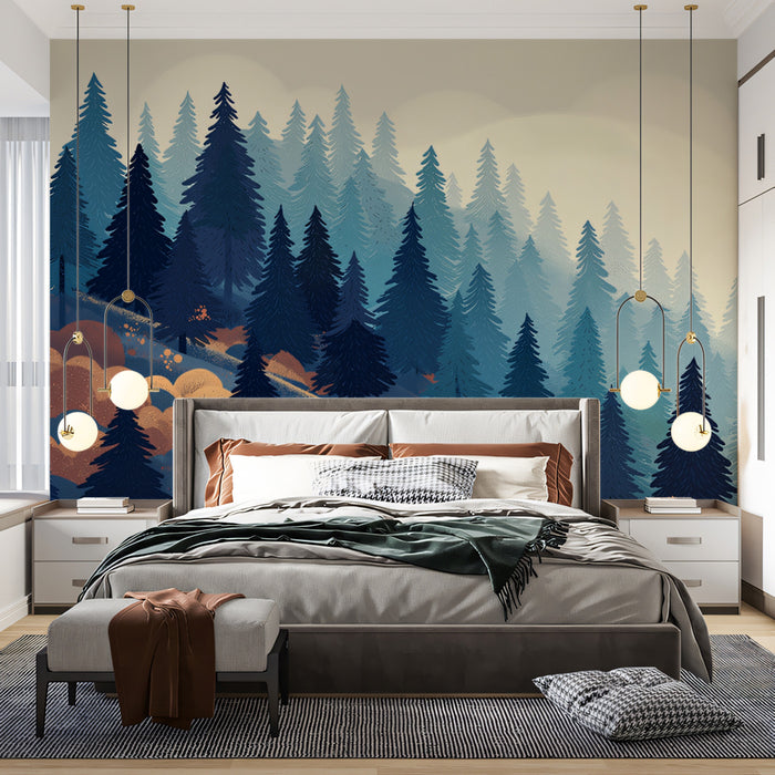 Carta da parati murale Winter Pines | Blu e ruggine