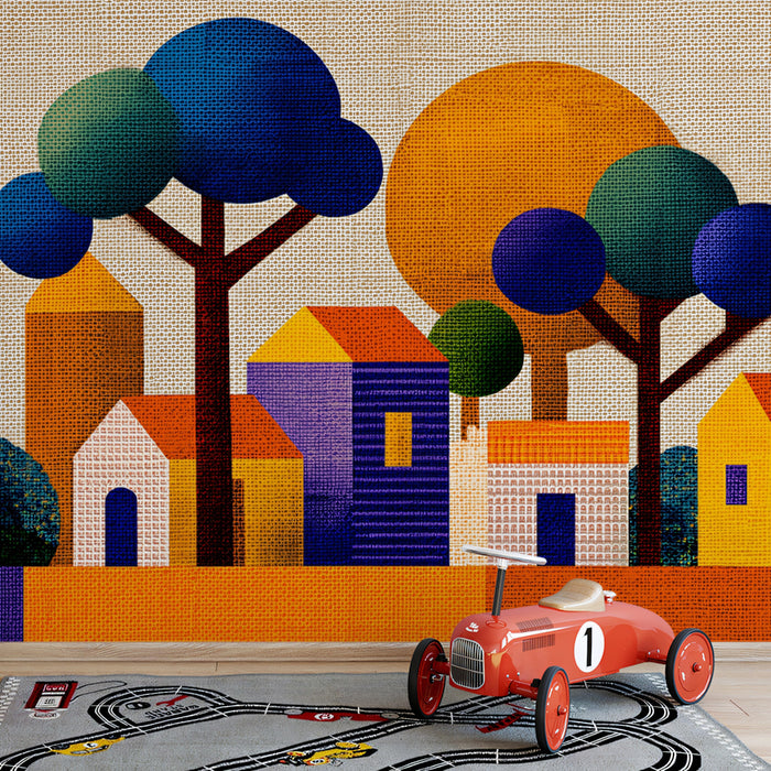 Textured Village Mural Wallpaper | Orange, Blue, Purple, and Green