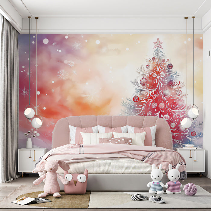 Fantasia Christmas Tree Mural Wallpaper | Red, Pink, and Iridescent