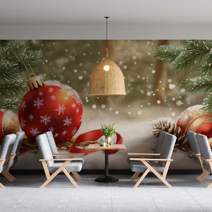 Winter Woodland Ornament Mural Wallpaper | Red, Gold, and White