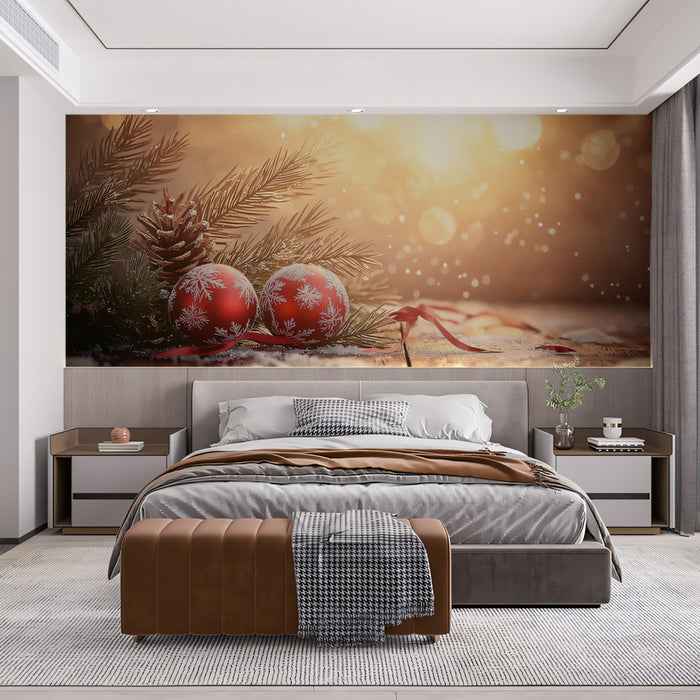 Golden Glow Christmas Mural Wallpaper | Red, Gold, and Warm White