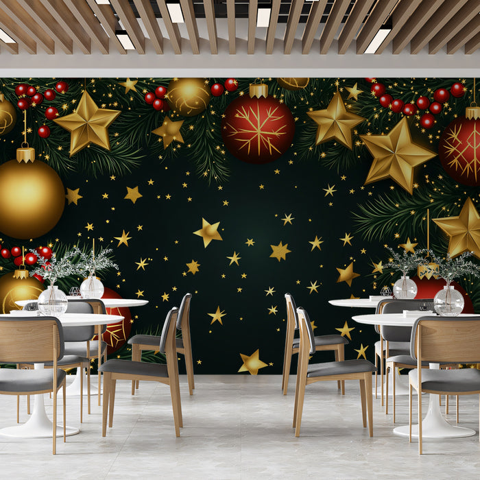 Opulent Holiday Border Mural Wallpaper | Red, Gold, and Emerald Green