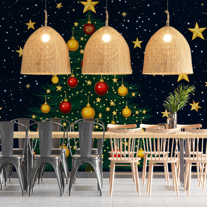 Classic Starry Night Tree Mural Wallpaper | Blue, Green, Red, and Yellow